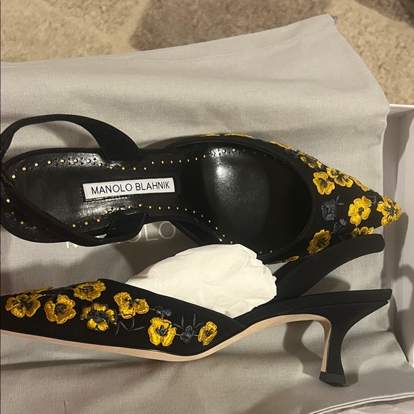 Manolo Blahnik Shoes - Manolo Blahnik Black Heels with Yellow Floral Design